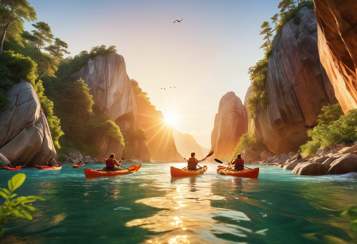A vibrant landscape featuring diverse outdoor activities such as rock climbing, kayaking, and hiking. Include a group of friends sharing laughter and teamwork while navigating the challenges of nature, surrounded by lush greenery and a stunning sunset. Emphasize the sense of adventure and camaraderie, with dynamic poses and joyful expressions. super-realistic. vibrant colors. white background.