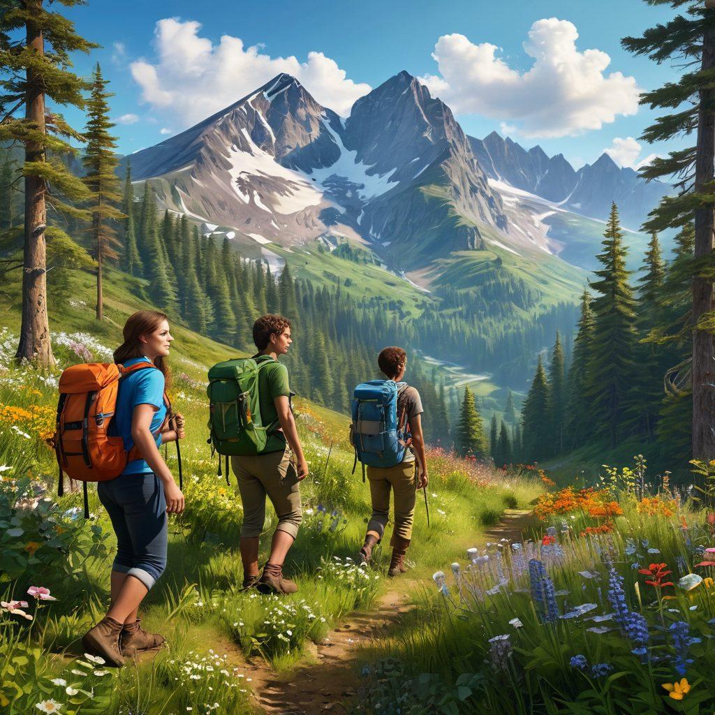 A vibrant scene of a diverse group of young adventurers with backpacks, traversing through a lush green forest filled with wildflowers. They are engaged in teamwork, using a compass and map, with a backdrop of majestic mountains and a sunny sky. Encourage feelings of exploration, camaraderie, and leadership among youth. super-realistic. vibrant colors. 3D.