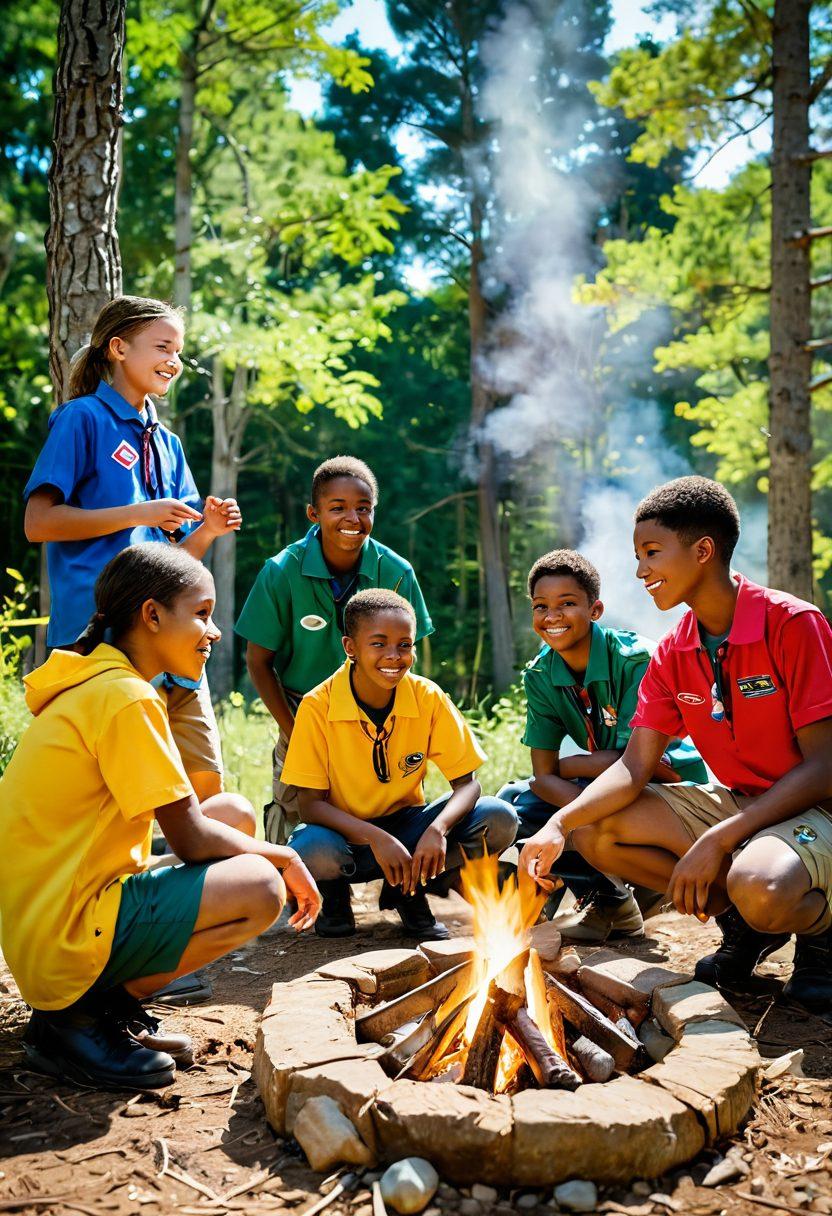 A diverse group of young scouts engaging in an outdoor leadership activity, showcasing teamwork and personal growth. In the background, a beautiful natural landscape with trees and a clear sky to symbolize connection with nature. Include elements of community involvement like a campfire with family members supporting the scouts. Showcase bright and inspiring colors to evoke a sense of adventure and unity. super-realistic. vibrant colors. nature backdrop.